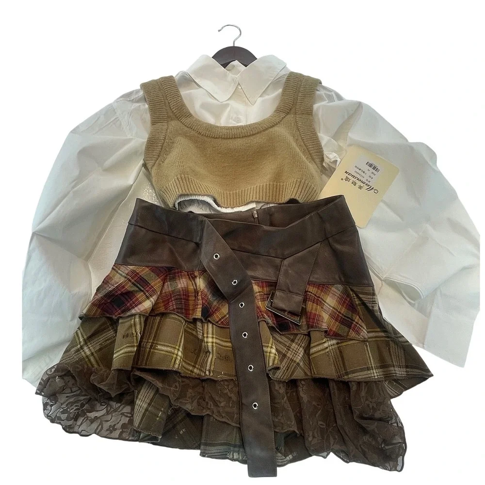 Plaid Tiered Ruffle Skirt Brown Lace Faux Leather Trim Mini Punk Grunge Med 3Set - Picture 6 of 8